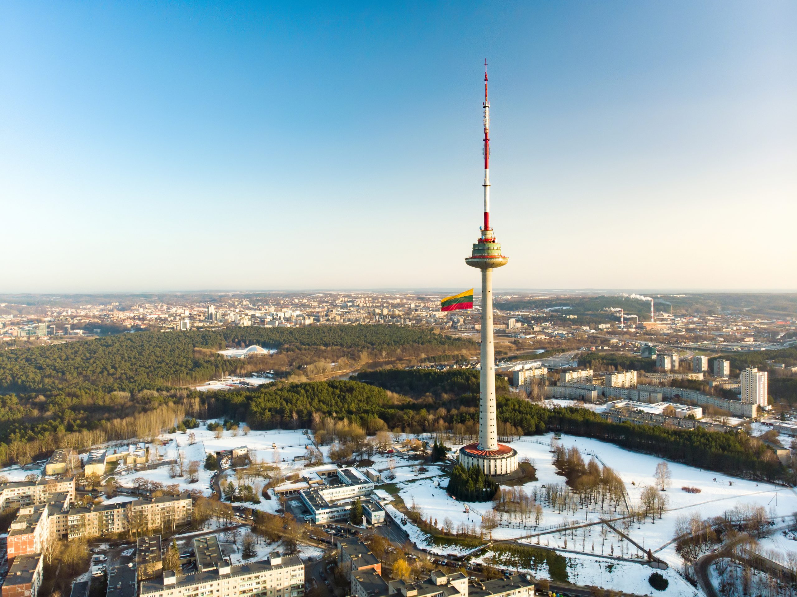 Television tower, Lithuanian national flag in winter
