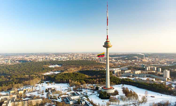 National flag day in Vilnius, Lithuanian flag on TV tower